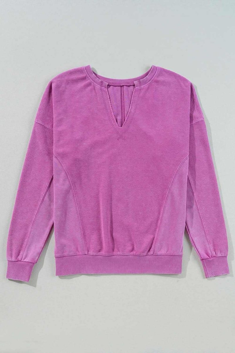 Bright Pink Solid Color Notched Neck Drop Shoulder Sweatshirt - Love Salve